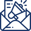 Icono que representa el marketing por correo electrónico, con un sobre y un altavoz, simbolizando la comunicación efectiva y la promoción digital.